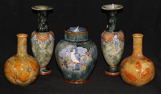 Two pairs of Royal Doulton vases and one parakeet Doulton vase